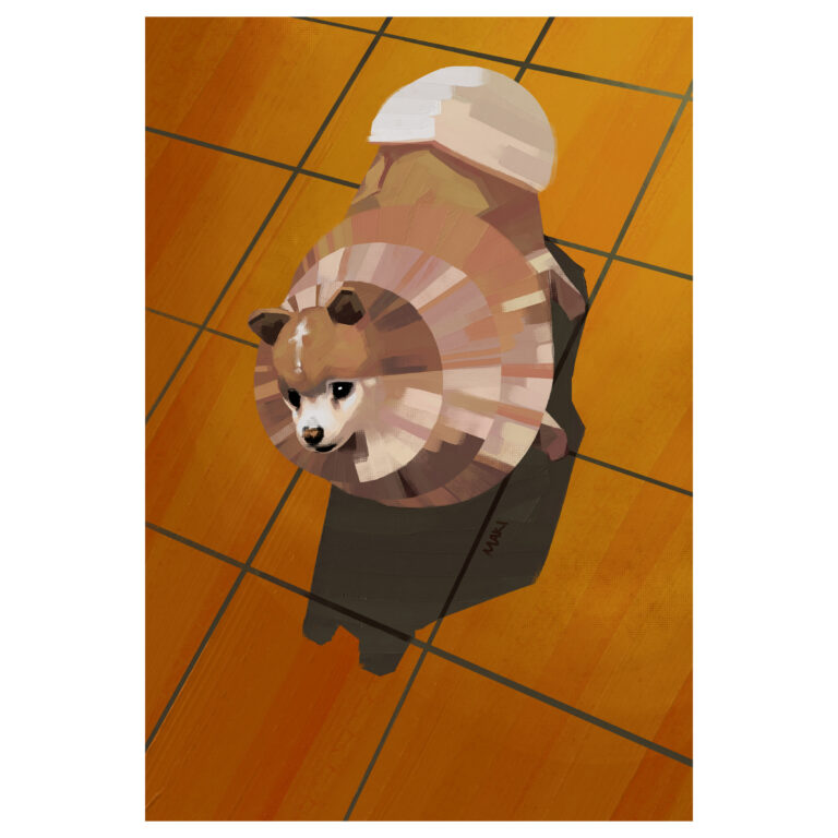 A painting of a small pomeranian on an orange tile floor. His face is realistically painted, but the rest of his body is made of concentric circles of radiating lines like halos of fur. His floofy tail sits on his back like a semicircular cap.