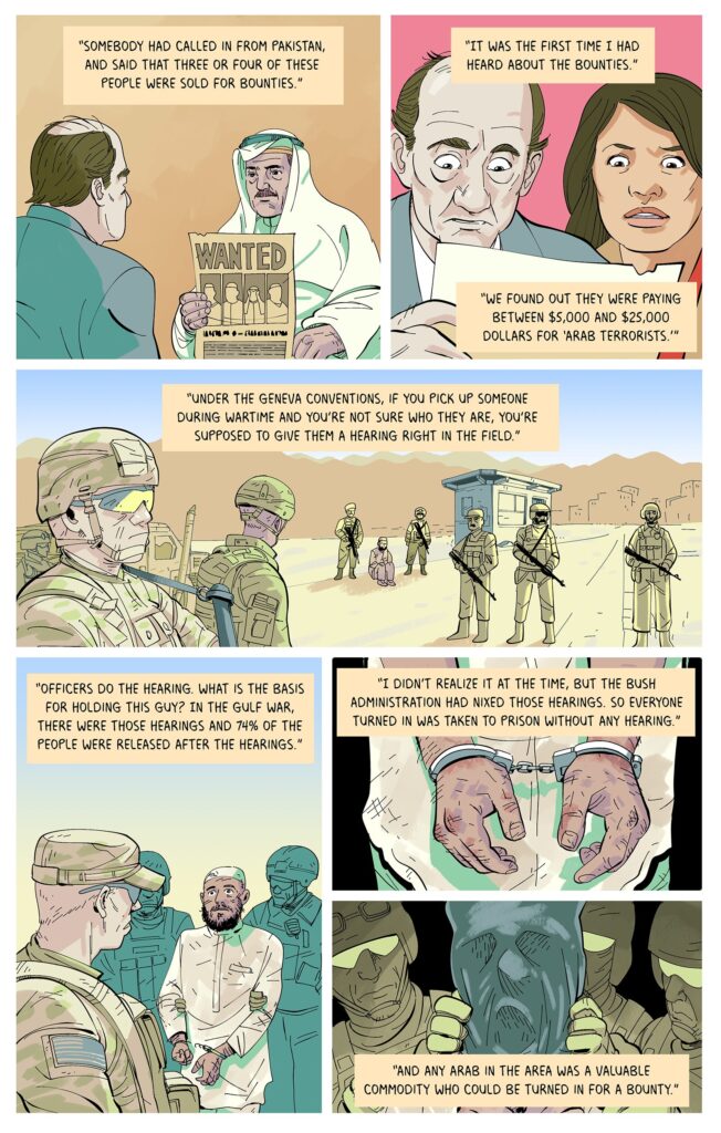 Wilner and his colleague look on in shock as they learn that a bounty had been placed on the men and they were detained without hearing. At a border checkpoint, US soldiers have several men on their knees. They handcuff them and put a bad over their heads.