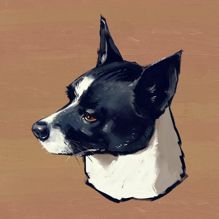 A painted bust of Good Boy Ollie, a black and white rat terrier, set upon a painted tan backdrop. Seen in profile look to the left, the warm light bringing out his salt and pepper greys.