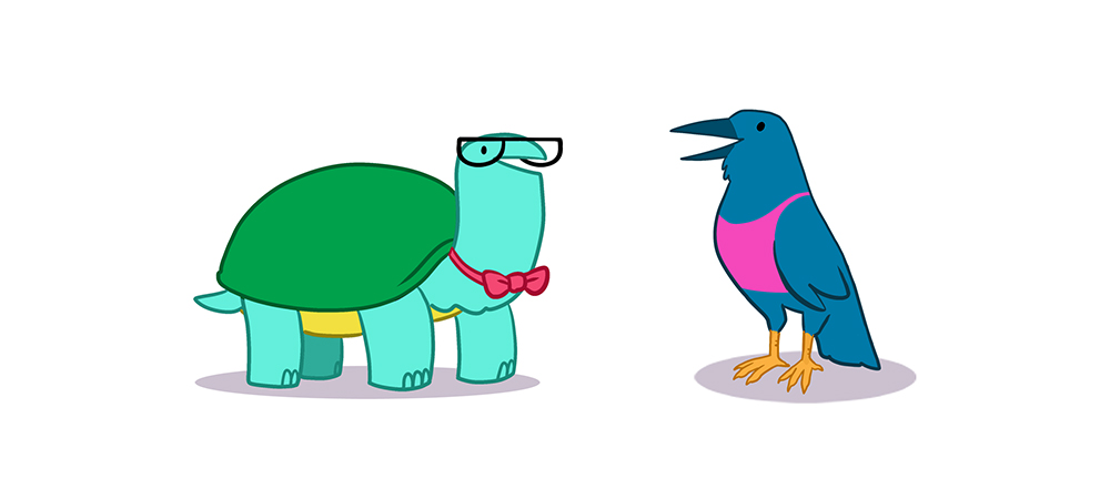 Harriet, a tortoise in thick rim glasses and a bow tie talks to Russ, a crow in a pink tank top.