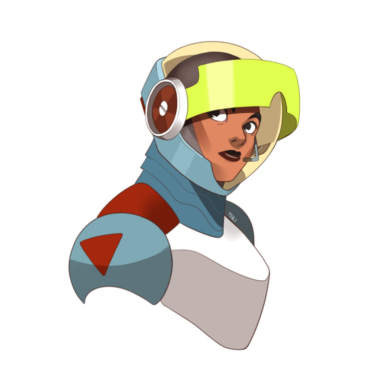 A flat color drawing of woman in a futuristic armored space helmet peering out from underneath the helmet's neon green visor.