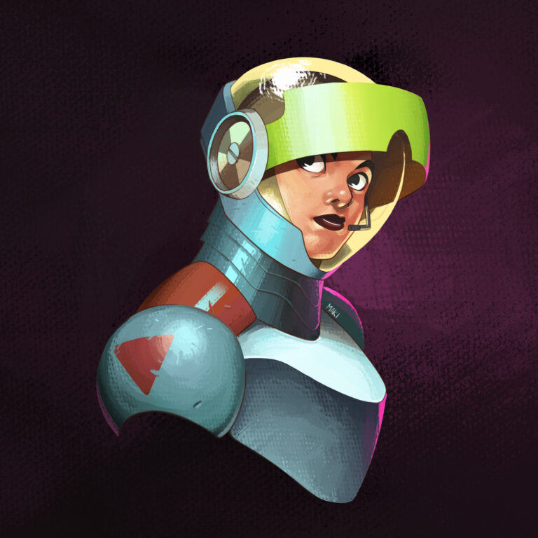 Atop a dark backdrop is the bust of a woman in a futuristic armored space helmet peering out from underneath the helmet's neon green visor. Her face is underlit by yellow lights in the lower part of her helmet. Her spacesuit is partially rim lit in neon purple light coming from behind her.