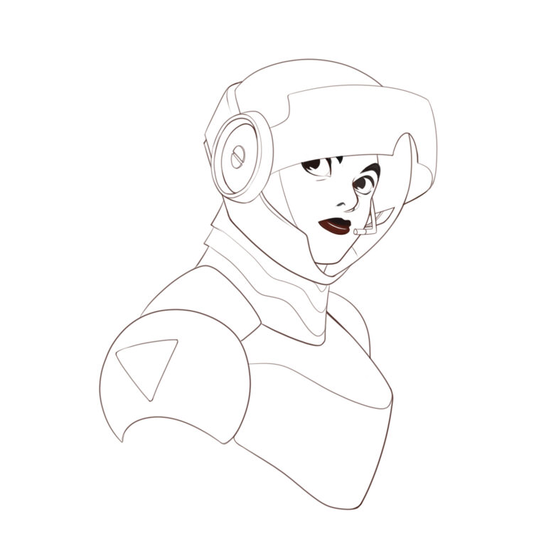 A simple line art drawing of woman in a futuristic armored space helmet peering out from underneath the helmet's visor.