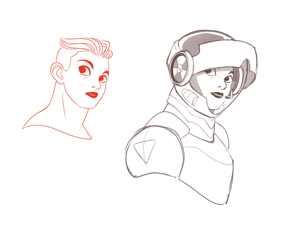 Concept art of the space suit woman, showing her without a helmet, revealing her strong jawline, thick neck, and close cropped hair. Beside her is an early concept of the finished piece.