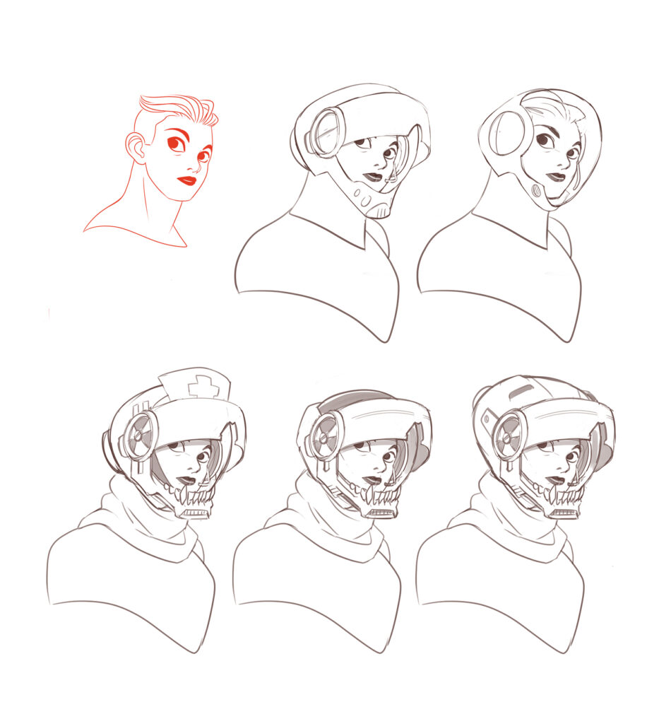 More concept designs for the space helmet, showing a wide variety of visor designs and some helmet frames that look like toothy lower jaw bones.