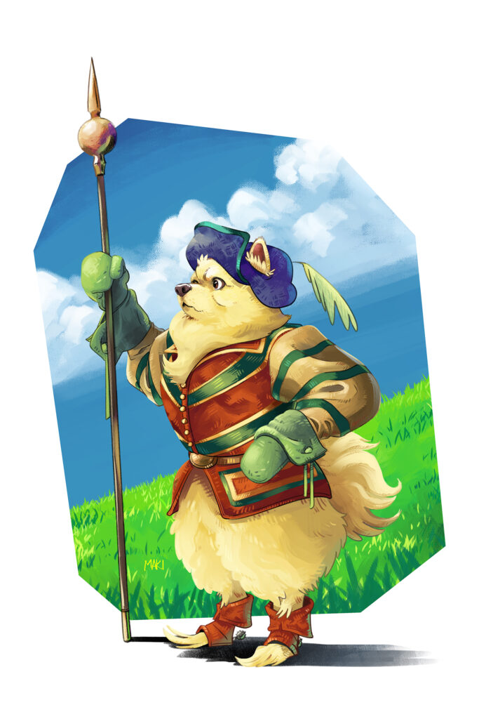 A stern but adorable looking pomeranian knight in fancy medieval garb consisting of green gloves, a red jacket with gold and green trim, red-orange booties that his wispy furred toes stick out of, and a blueish purple hat with a feather. He is holding a pointed polearm. Behind him is a grassy scene with blue skies and puffy clouds in a polygonal cutout.