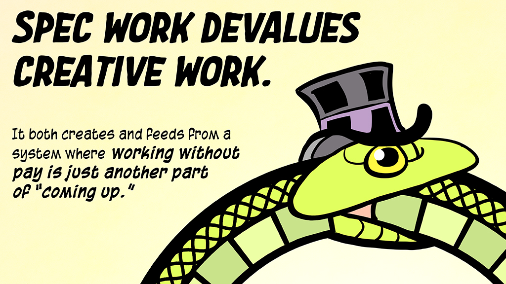 Featured Image: A snake in a top hat eating its own tail. Text reads: Spec work devalues creative work. It both creates and feeds from a system where working without pay is just another part of “coming up.”