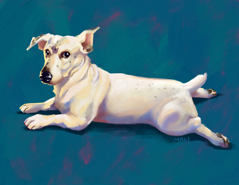 Petey, a white terrier peppered with black spots who is laying on his stomach. His short hind legs splay out behind him with paws facing the sky in the adorable way that puppies and short-legged dogs do.