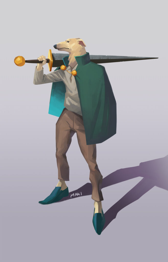 A humanoid figure with the head of a Borzoi dog stands with a wide stance, resting a hefty, pointed sword on his shoulder. He is wearing a green high collared cloak, a taupe colored shirt, tan pants, and pointy green shoes.