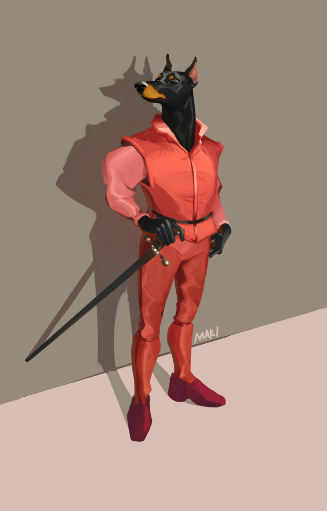 A humanoid figure with a Doberman's head standing in front of a wall. Their ears are cropped and they are dressed in 16th century salmon colored clothes making them look like Florentine ruffian. One hand rests on the pommel of the sword hanging from their hip.