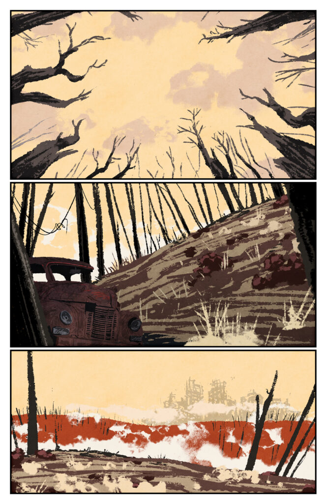 Three panels showing a scene from a dim, barren wasteland. The sky is a pale orange in color, and the bare earth is red like rust. Among the stripped trees are the wrecks of burnt out cars. Across an empty field behind wisps of smoke is the faded, ruined skeleton of a modern city.