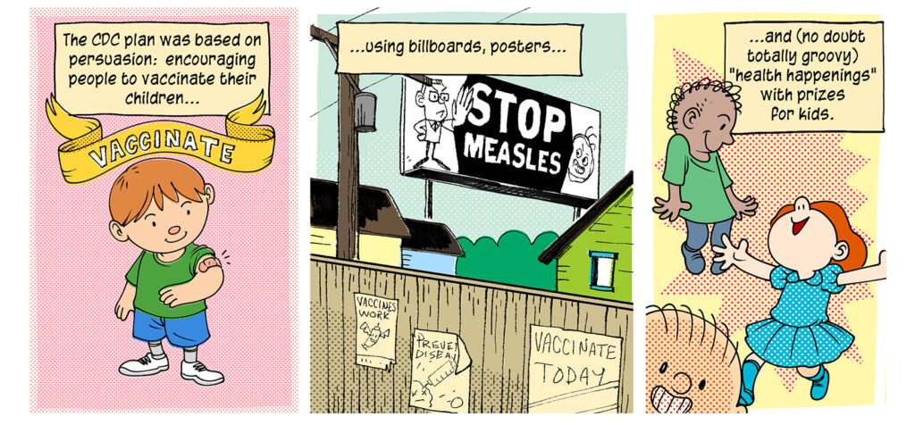 Three panels featuring a child with a Band-Aid on their arm standing under a banner that says "Vaccinate." A neighborhood with a billboard featuring 1960s style cartoon art saying "Stop Measles" Three Peanuts-style dancing children. Captions: The CDC plan was based on persuasion: encouraging people to vaccinate their children using billboards, posters, and (no doubt totally groovy) "health happenings" with prizes for kids.