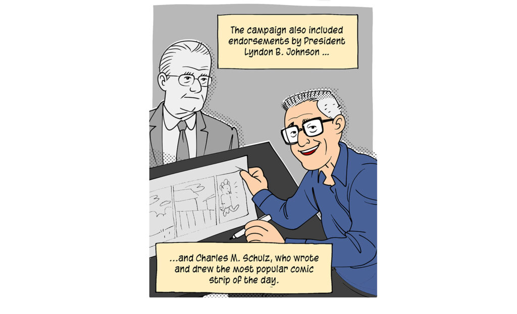 Cartoonist Charles M. Schulz sits at his drawing board, holding up a comic strip as the President looks on. Caption: The campaign also included endorsements by President Lyndon B. Johnson and Charles M. Schulz, who wrote and drew the most popular comic strip of the day.