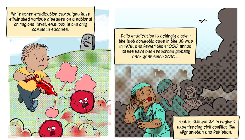 On the top of a hill, grave stone for smallpox sits alone while a child uses an old-fashioned sprayer labeled "Vaccine" to shoo viruses away. In another panel, muslim doctors and nurses navigate through clouds of smoke as a drone flies overhead. Caption: While other eradication campaigns have eliminated various diseases on a national or regional level, smallpox is the only complete success. Polio eradication is achingly close– the last domestic case in the US was in 1979, and fewer than 1000 annual cases have been reported globally each year since 2010. But it still exists in regions experiencing civil conflict like Afghanistan and Pakistan.