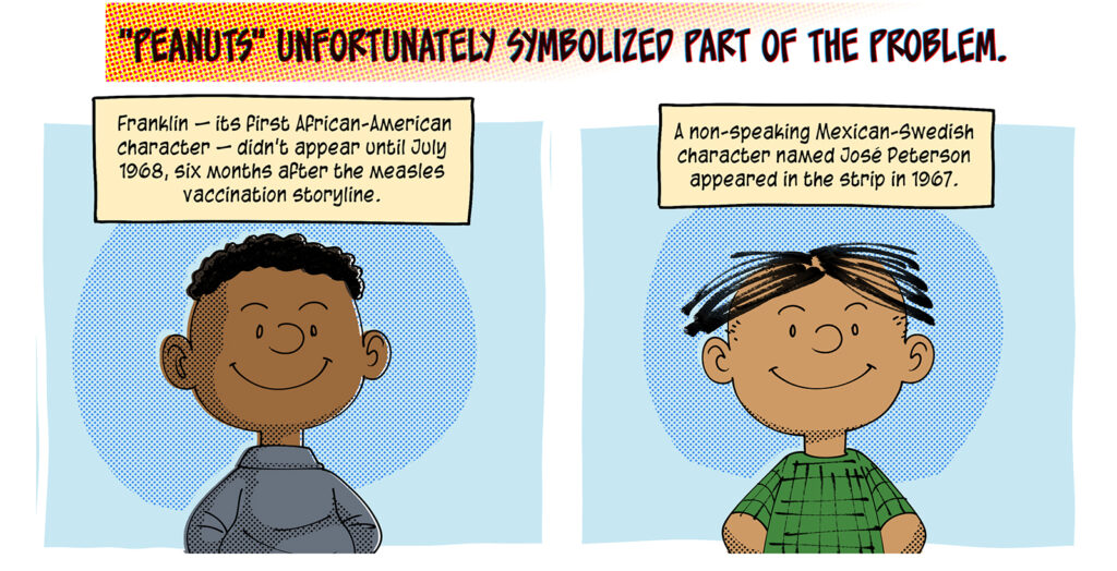 "Peanuts" unfortunately symbolized part of the problem. Pictured are the strip's two non-white characters: Franklin — its first African-American character — didn't appear until July 1968, six months after the measles vaccination storyline. A non-speaking Mexican-Swedish character named José Peterson appeared in the strip in 1967.