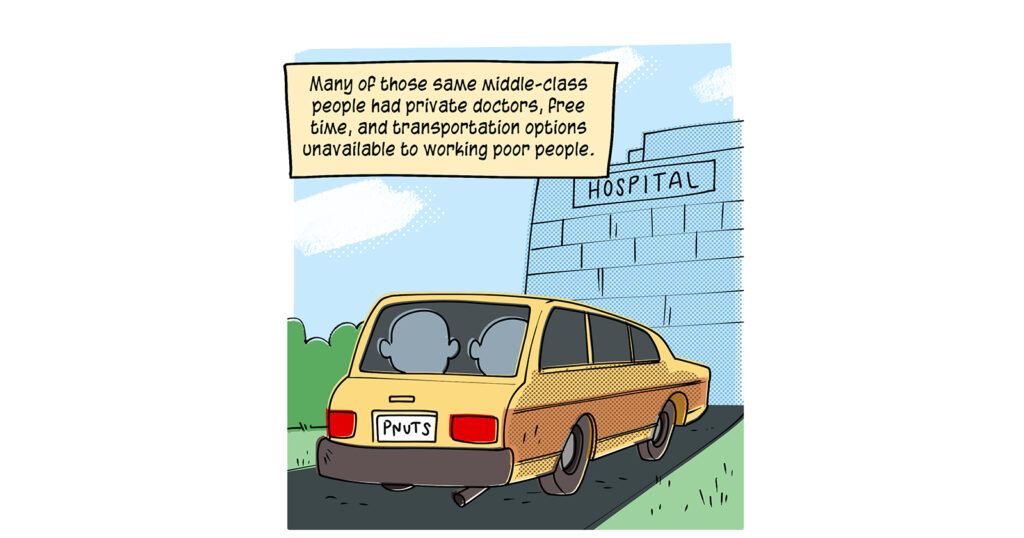 A station wagon with the license plate "PNUTS" drives to a hospital. Caption: Many of those same middle-class people had private doctors, free time, and transportation options unavailable to working poor people.