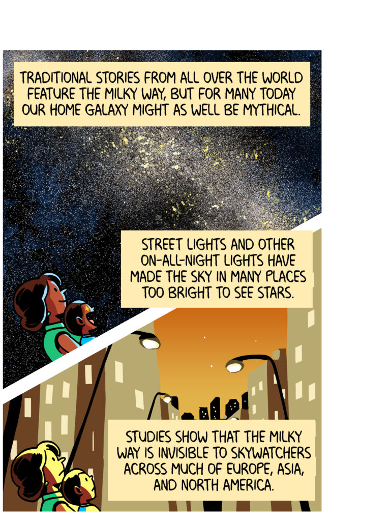 A split panel of a brown skinned woman and her son looking up at the night sky. In one panel they can see the whole milky way, a swath of stars and dusty darker sections across the sky. In the other, the sky is orange with the light pollution of the buildings and street lamps around them. Text: Traditional stories from all over the world feature the Milky Way, but for many today our home galaxy might as well be mythical. Street lights and other on-all-night lights have made the sky in many places too bright to see stars. Studies show that the Milky Way is invisible to skywatchers across much of Europe, Asia, and North America.