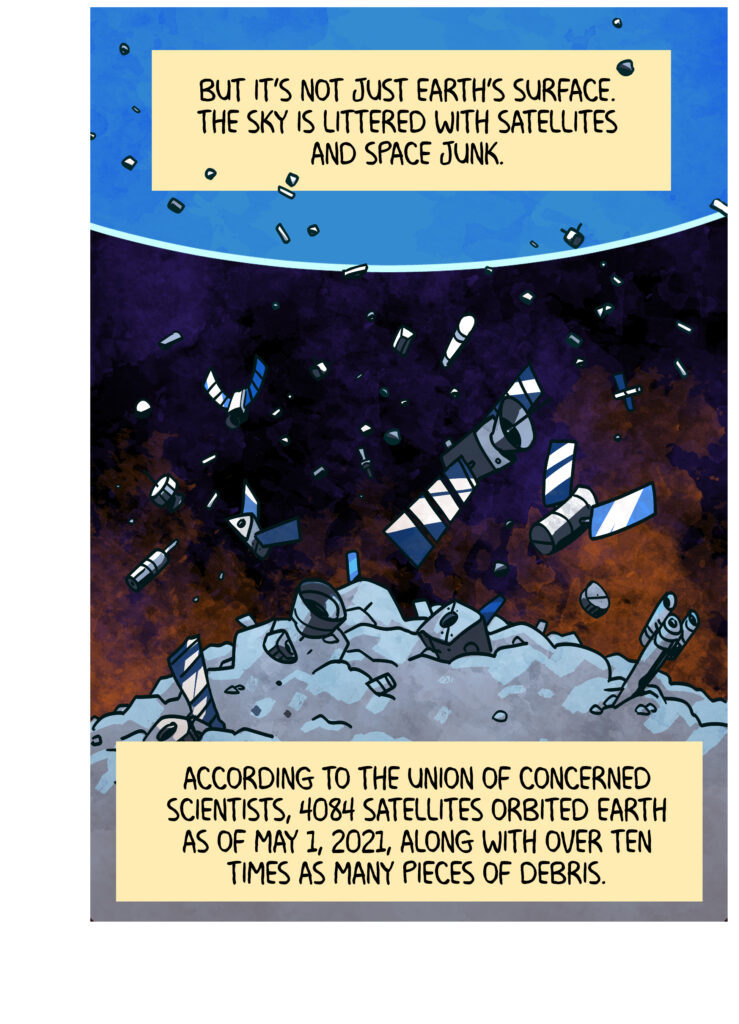 A myriad of satellites, space probes, and other bits of machinery fall from the Earth into a pile at the bottom of the panel. Text: But it’s not just Earth’s surface. The sky is littered with satellites and space junk. According to the Union of Concerned Scientists, 4084 satellites orbited Earth as of May 1, 2021, along with over ten times as many pieces of debris.