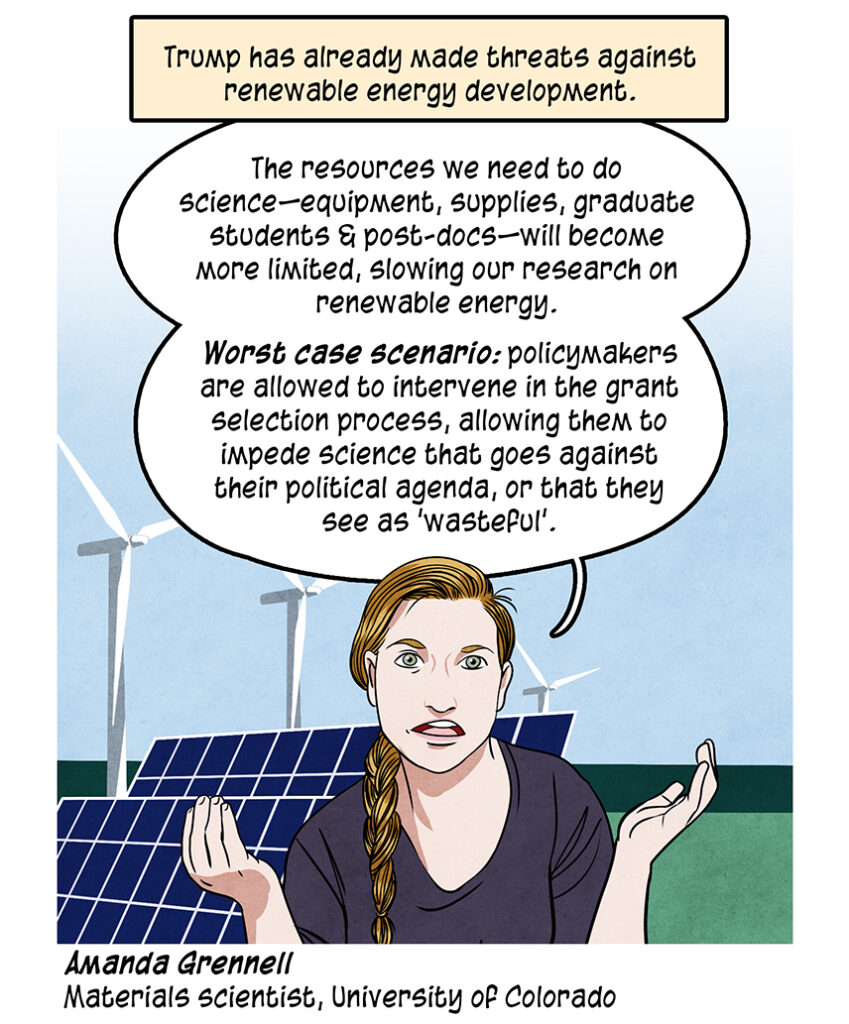 Trump has already made threats against renewable energy development. Amanda Grennell, a material scientist at the university of Colorado stands before a field of solar panels and wind turbines. She is a white woman with a long reddish blonde braided ponytail: The resources we need to do science—equipment, supplies, graduate students & post-docs—will become more limited, slowing our research on renewable energy. Worst case scenario: policymakers are allowed to intervene in the grant selection process, allowing them to impede science that goes against their political agenda, or that they see as 'wasteful'.