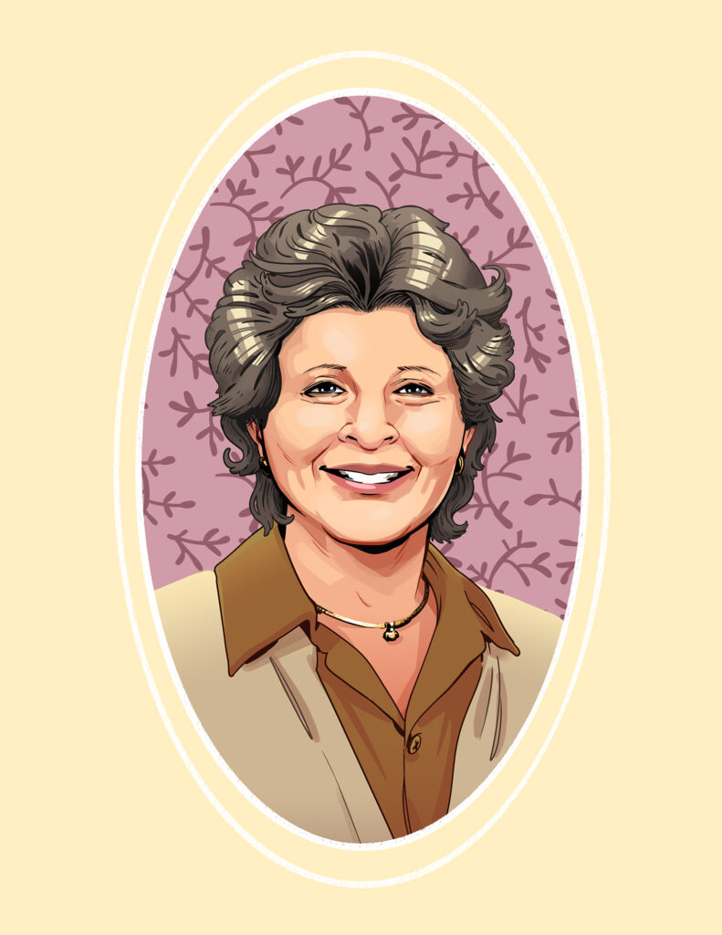 A portrait of an older woman in a cropped oval window with dark silver hair and a gentle smile. The tones are warm with a dusty pink patterned background.