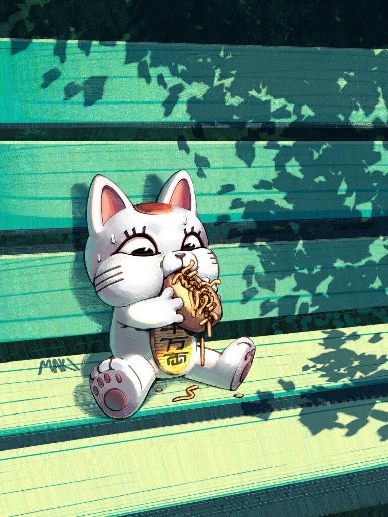 A possessed maneki-neko (a Japanese figurine depicting a white cat carrying a gold coin, which beckons wealth or good business with a raised paw) sits with their legs splayed out, sweatily stuffing a yakisoba sandwich in their mouth, cheeks bulging comically. They are sitting on a sunlit green park bench with the dappled shadows of the trees cast on it.