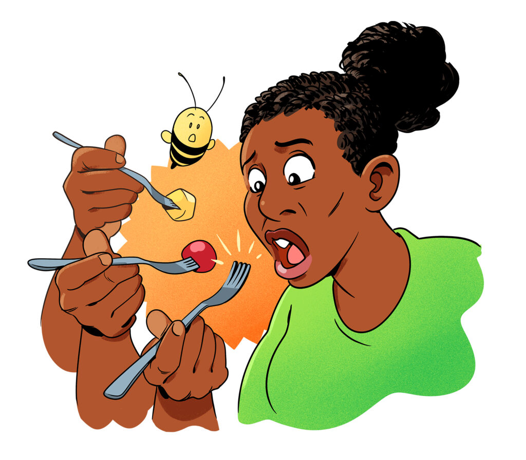 A black woman with her hair tied up in a bum looks dismayed as the food she was about to take a bite of has vanished from her fork.