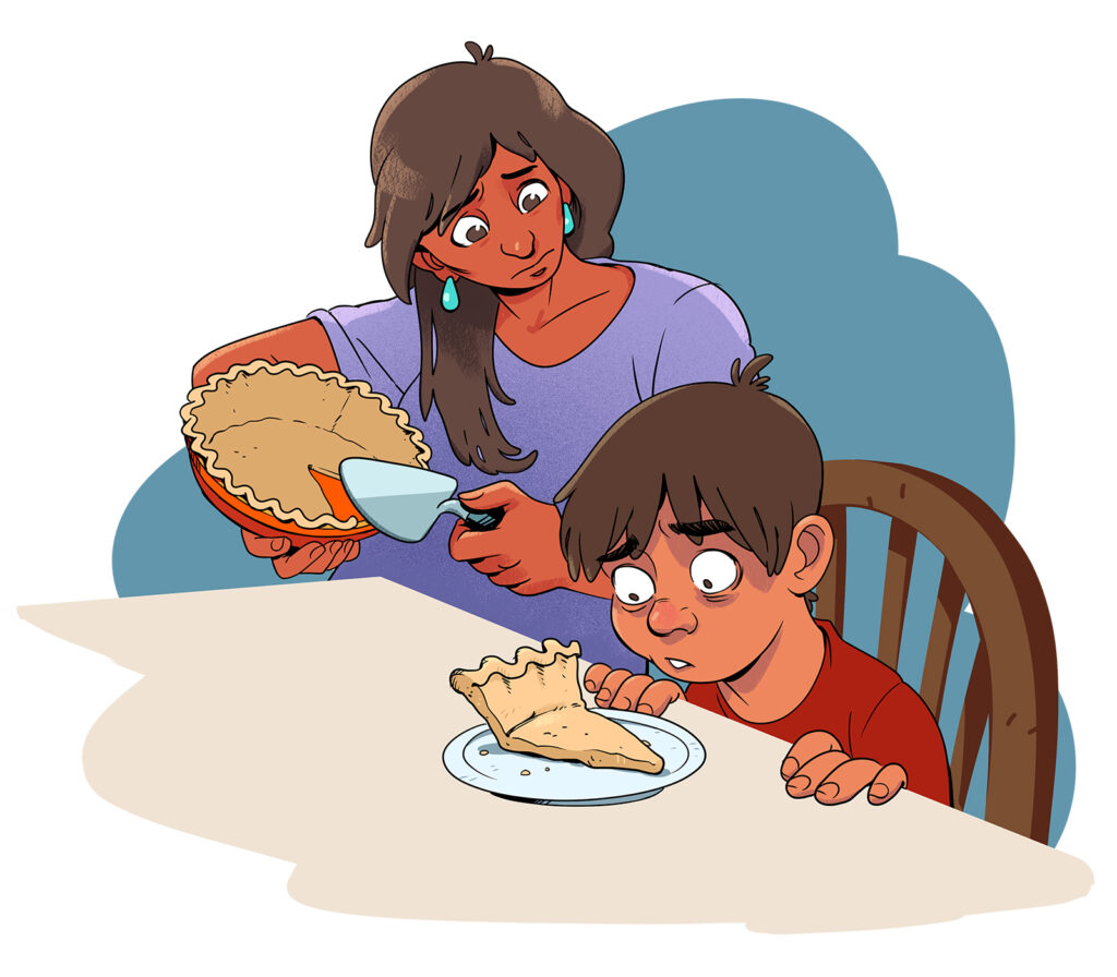 A shellshocked young latinx boy looks at an empty pie crust on his plate. Behind him, his sad mother is seen holding a pie with no filling.