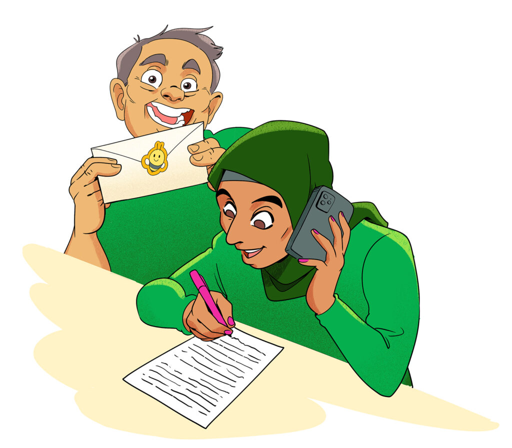 A woman in a green hijab takes notes while on the phone. Behind her, an older man gleefully holds up an envelope of signatures.