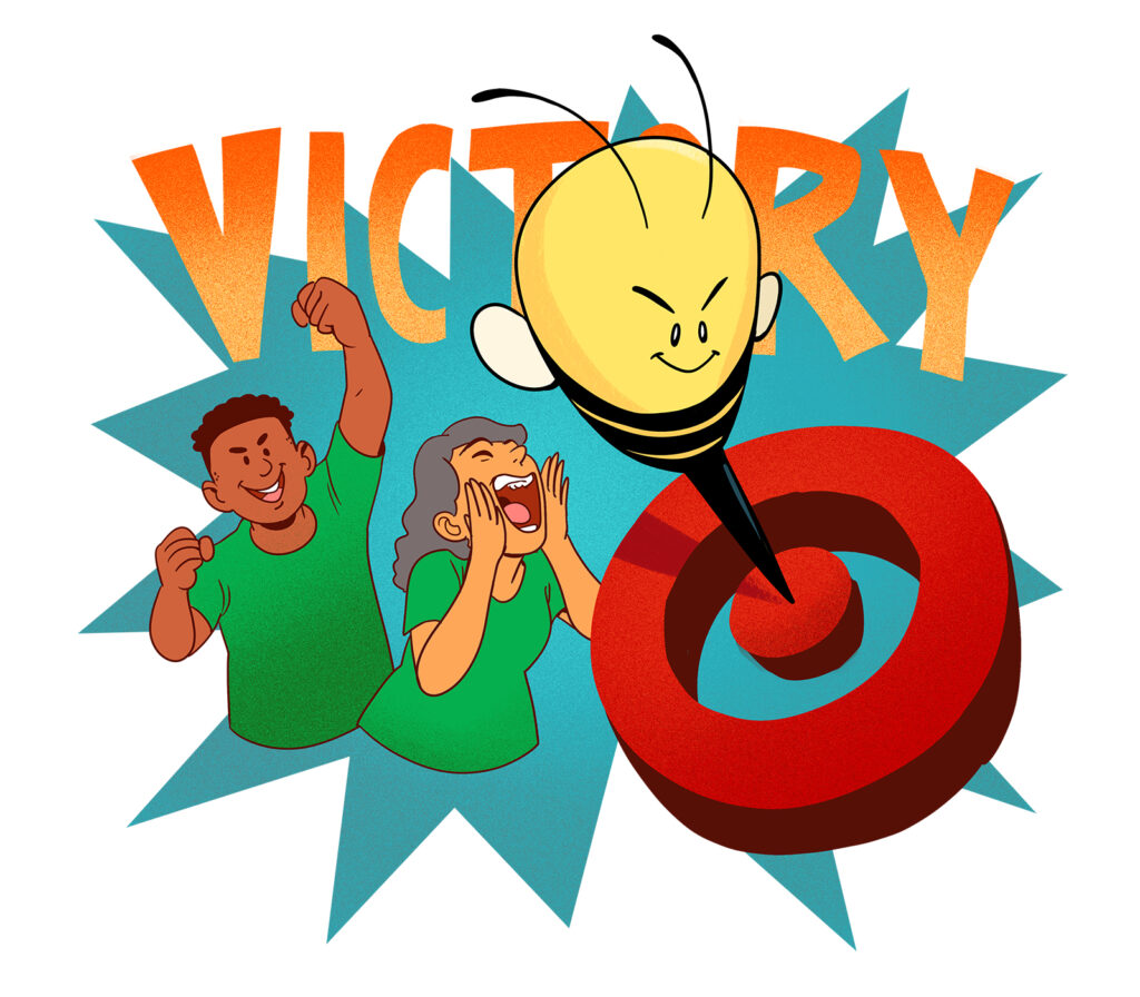 A cartoon bee dramatically stings a Target logo while two people in green shirts cheer it on.