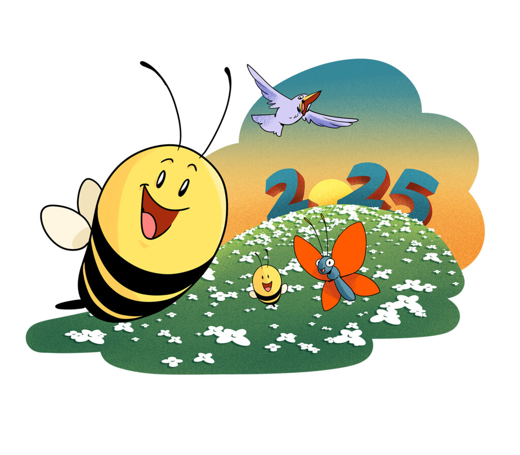 The cartoon bee smiles at the viewer. Behind it is a green hill with white flowers. The sun rises over the top of the hill, surrounded by numbers to make it say "2025."