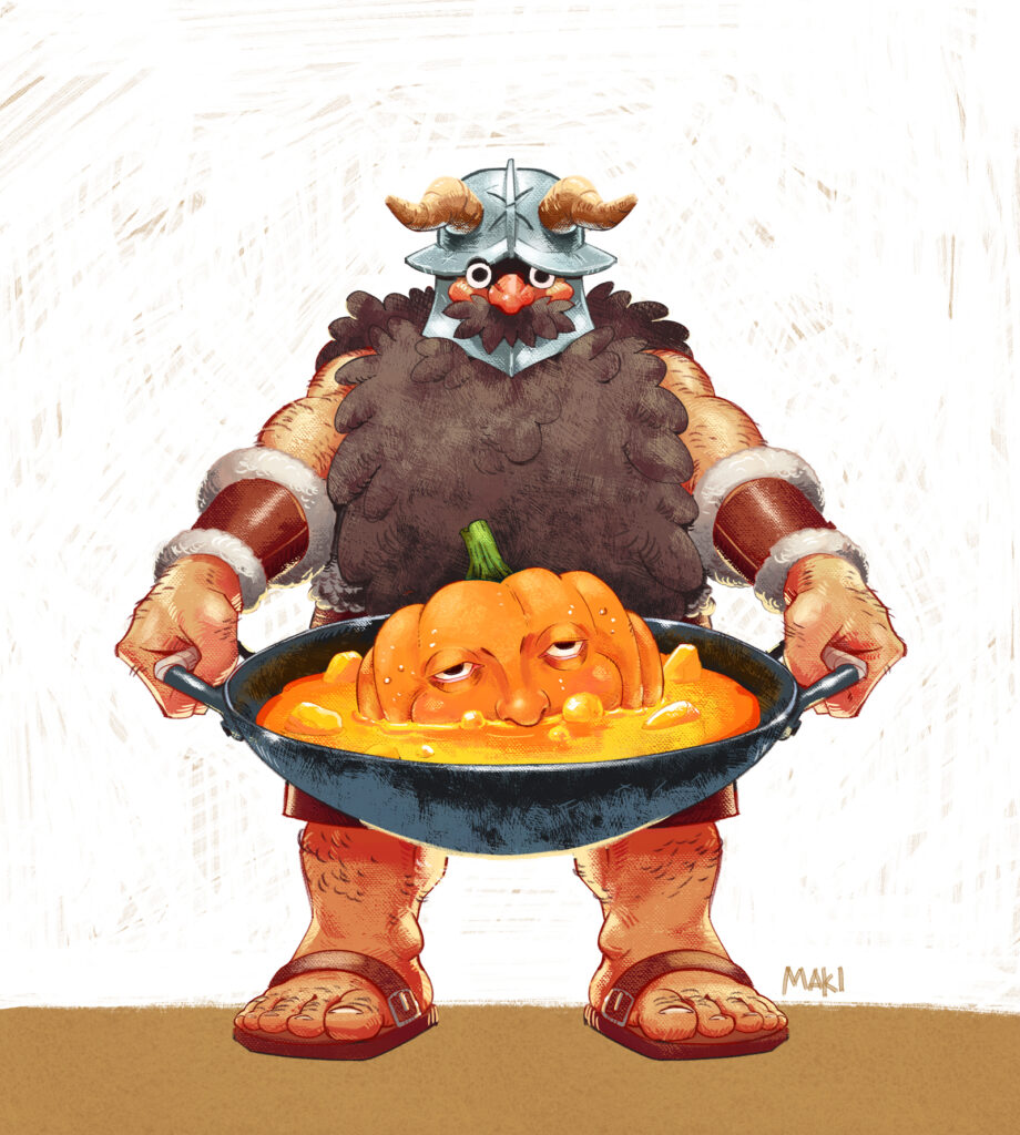 Senshi, the dwarven chef bedecked in a horned helmet and most of his face and body hidden by his beard, holds a wok full of orange pumpkin soup in front of him. Floating in the soup is a whole pumpkin with a disturbing face on it.