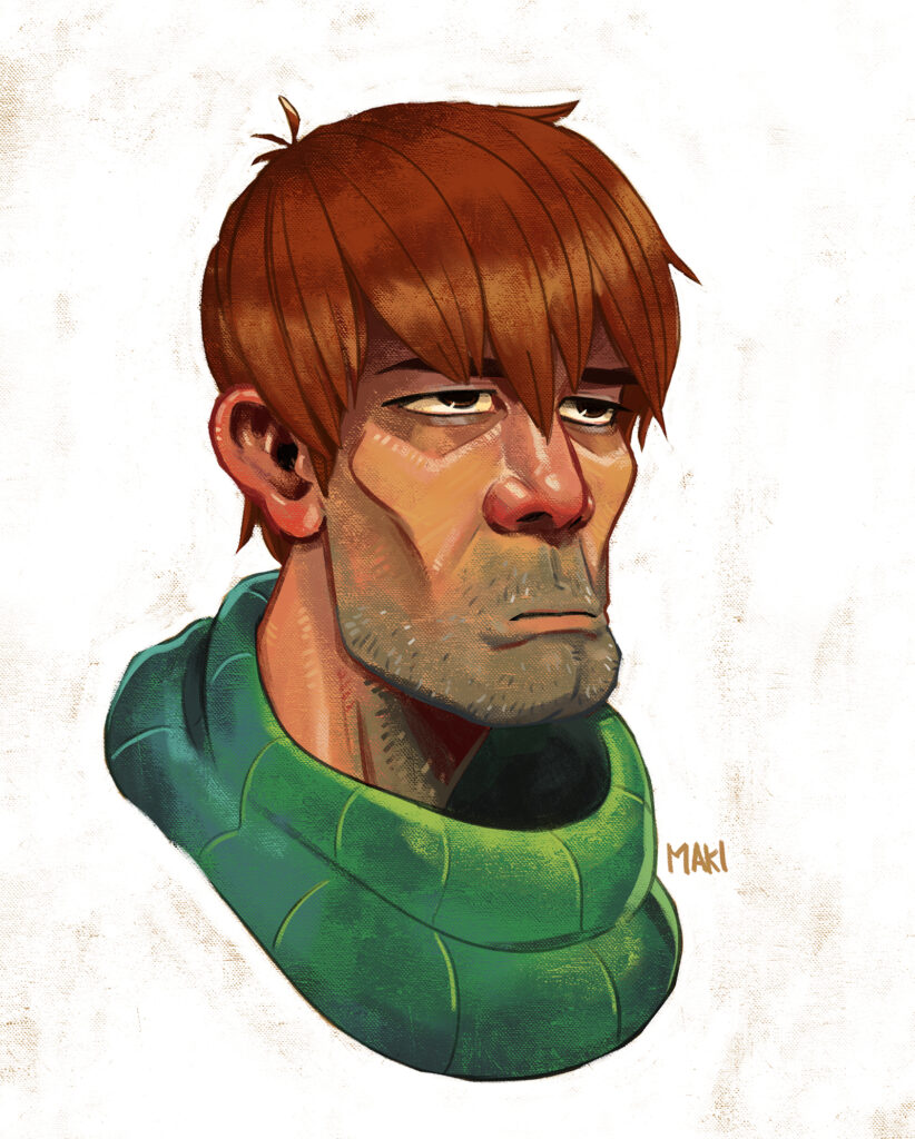 A bust of a very tired looking man with long gaunt features painted with an unnecessary amount of detail. He's haggard with five oclock shadow and short chestnut colored hair that droops in front of his eyes.